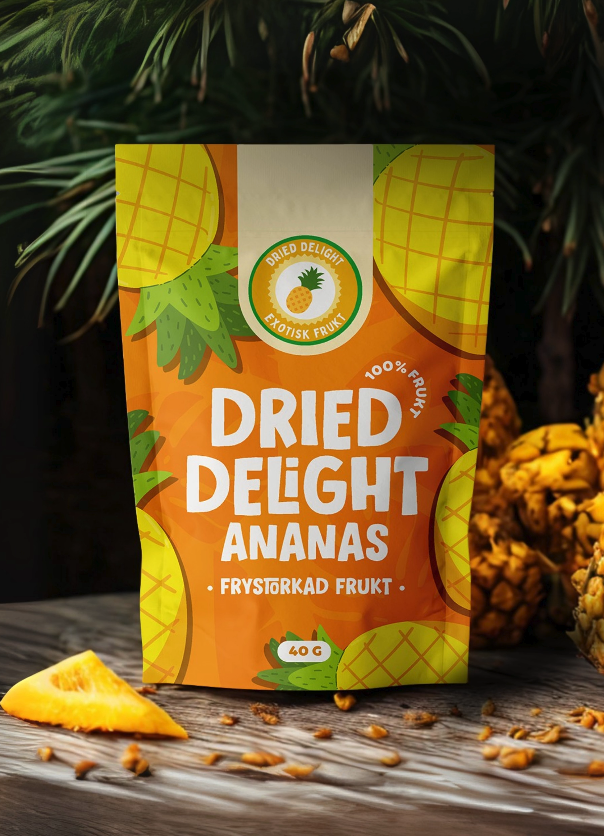 Frystorkad ananas i Dried Delight-förpackning