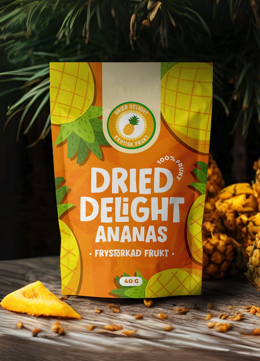 Frystorkad ananas i Dried Delight-förpackning
